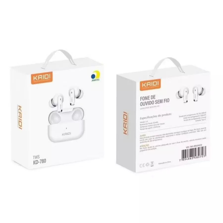 Fone De Ouvido In-ear Sem Fio Kaidi KD-780 TWS Bluetooth Branco