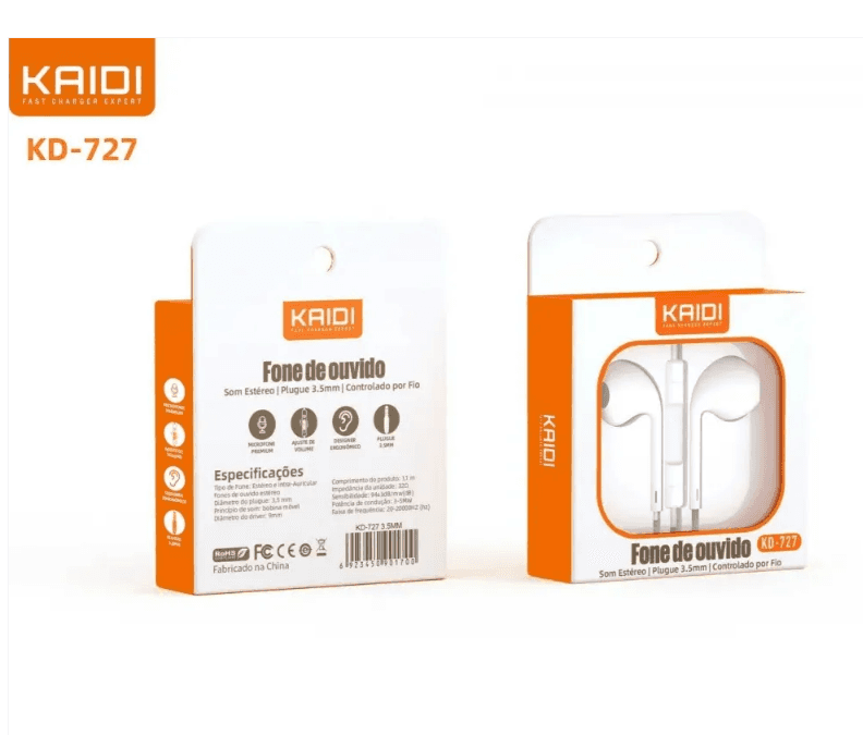 Fone De Ouvido Intra-Auricular P2 Kaidi KD-727 Branco