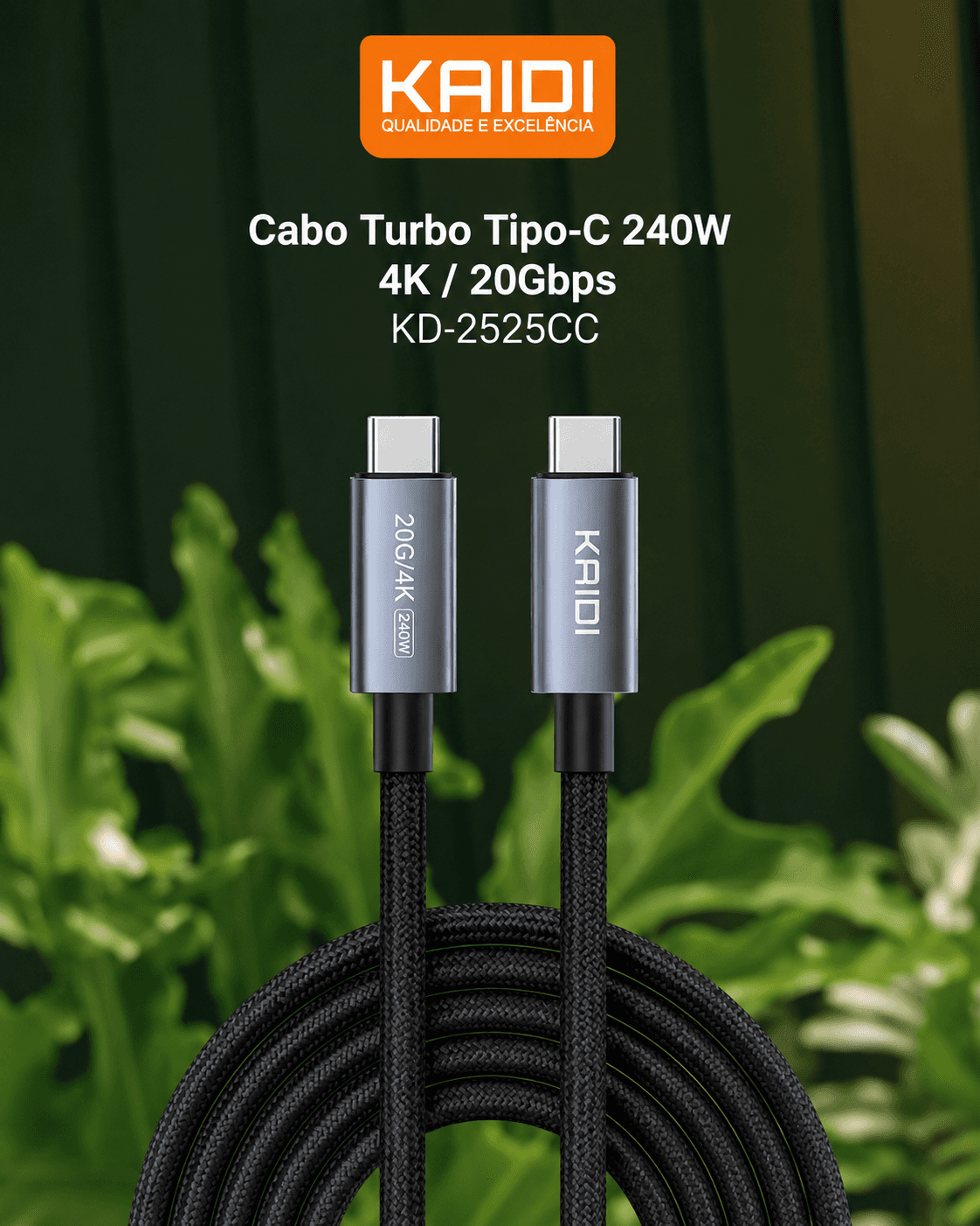 Cabo USB-C para USB-C Premium O Kaidi KD-2525CC