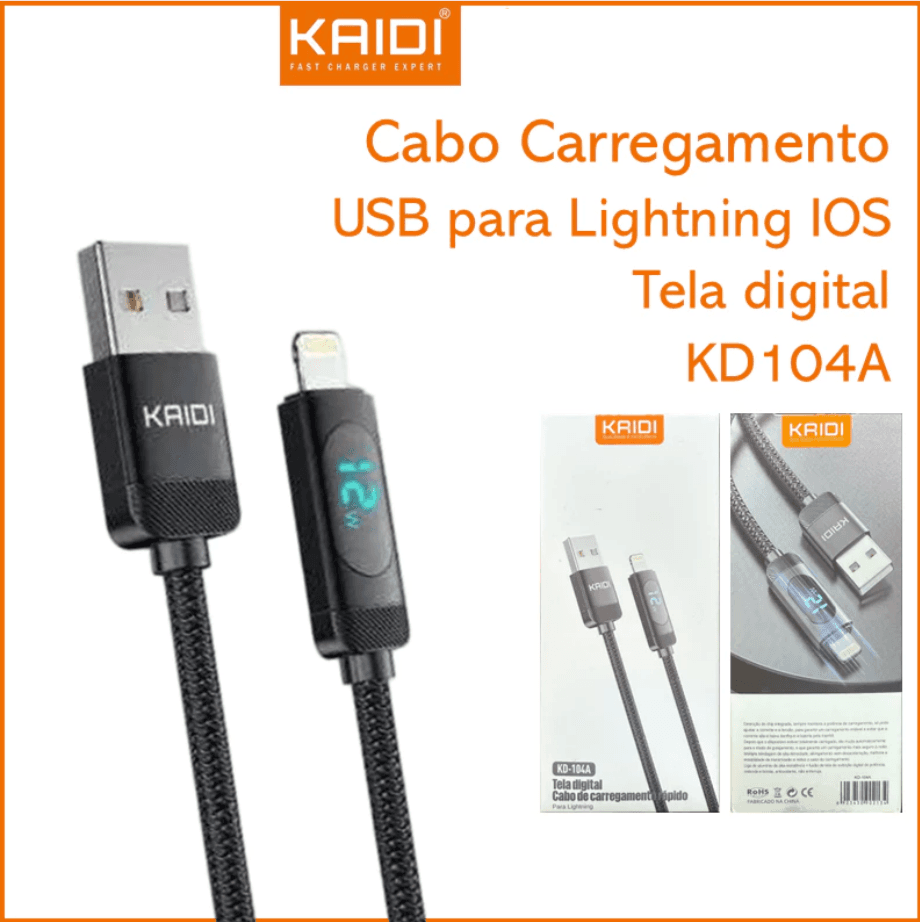 Cabo Carregamento 12W USB para Lightning IOS 1m Tela digital Kaidi KD-104A